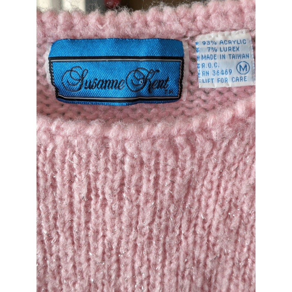 Sussan Kent Tinsel Sweater Women's M Bubblegum Pink V Pullover 80's Vintage - Picture 6 of 6